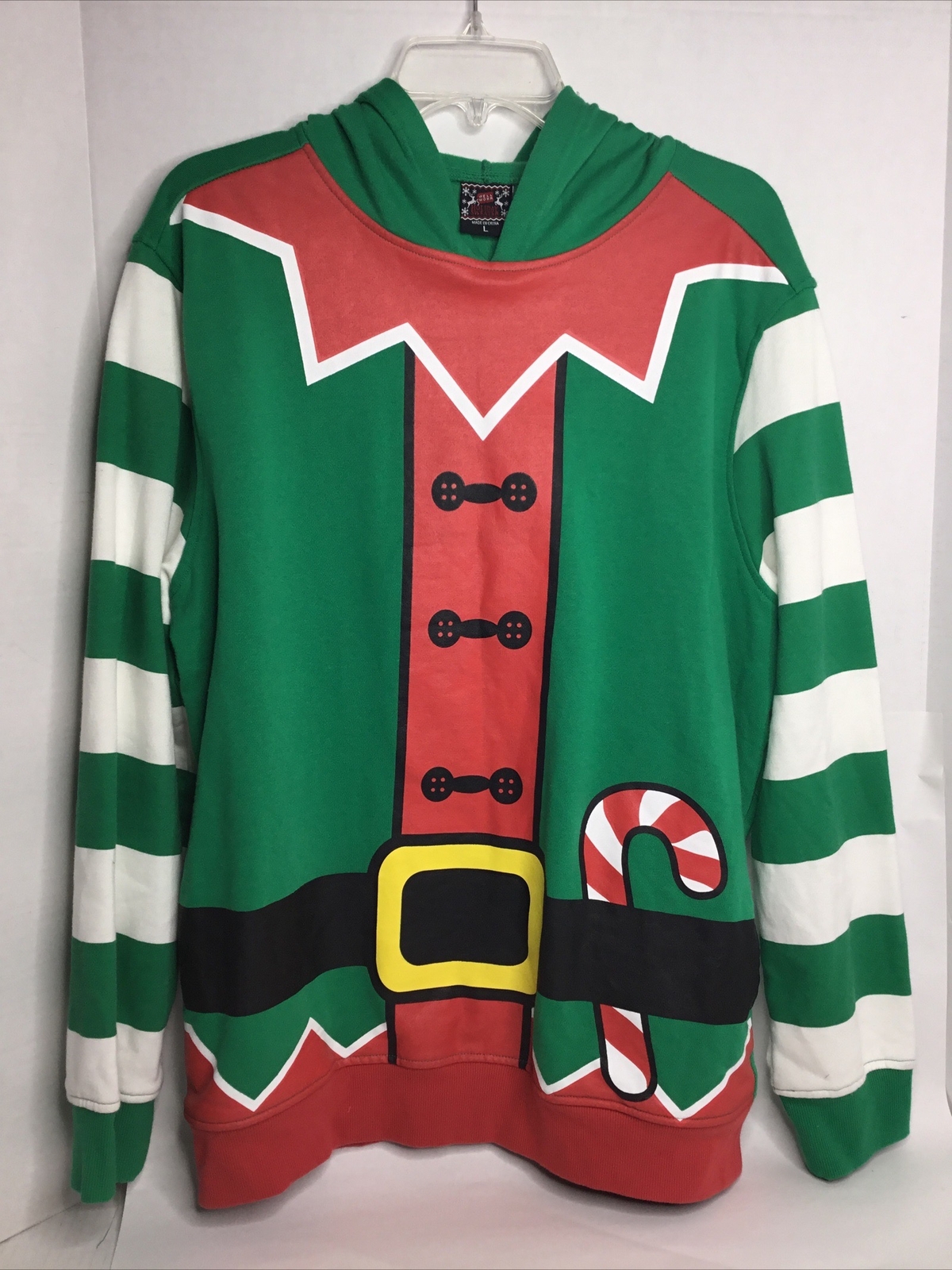 Christmas Hoodie Sweater Green Elf Overall Print Pullover Size L By Holiday