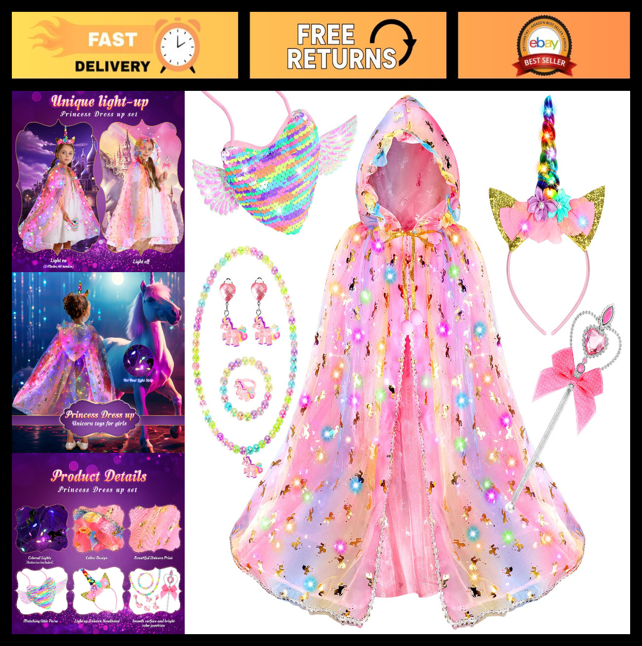 Girls Unicorn Light-Up Princess Dress & Cape Set, Dress Up Costume 3-8 Years