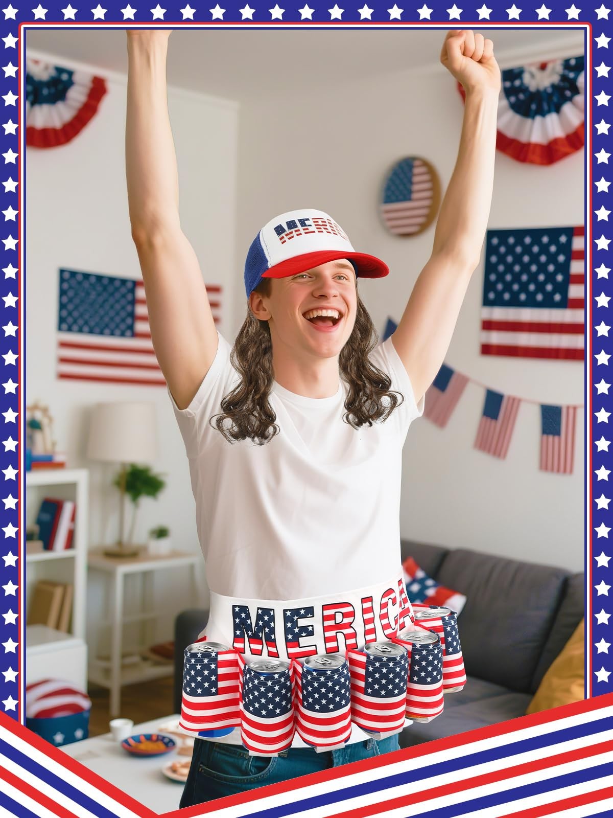 2 PCS 4th of July Patriotic Beverage Beer Belt Holder Mullet Headband Wig