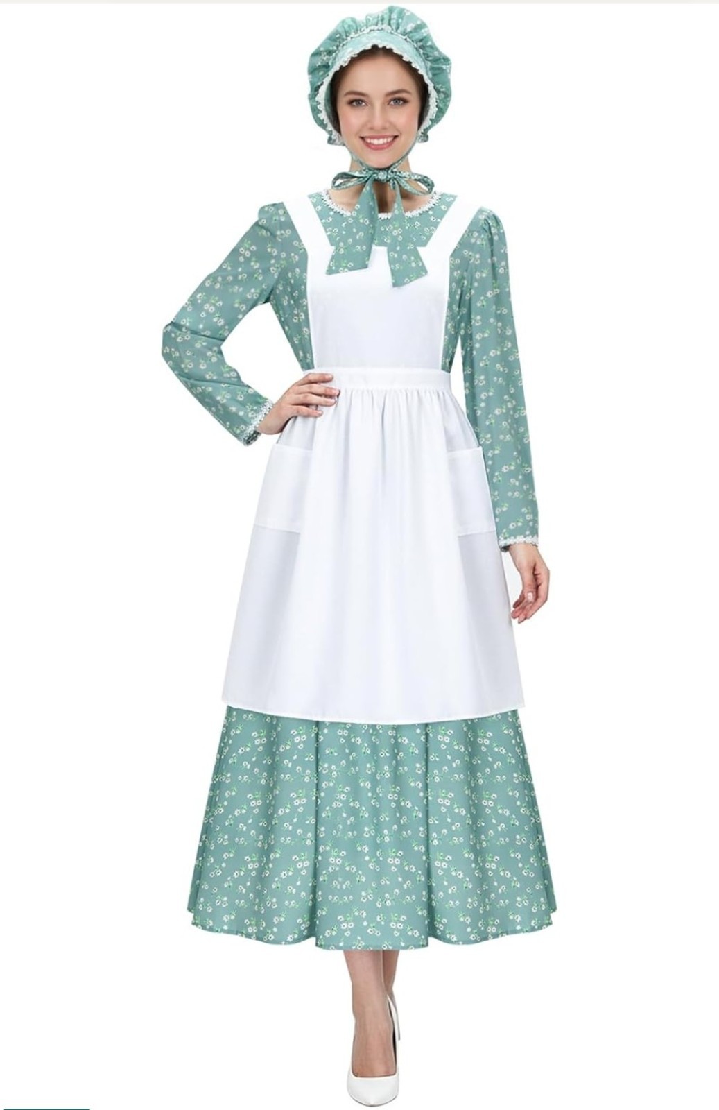 Women Pioneer Costume Floral Dress With Apron & Hat ( Green S )