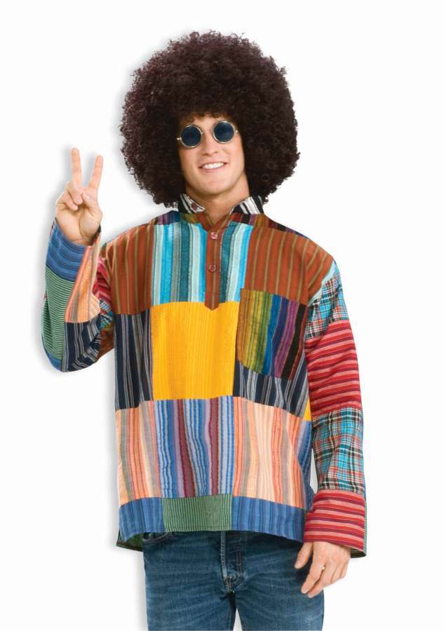 Hippie Patchwork Shirt Multi Colored Nehru Collared Groovy Tunic Style Shirt Med