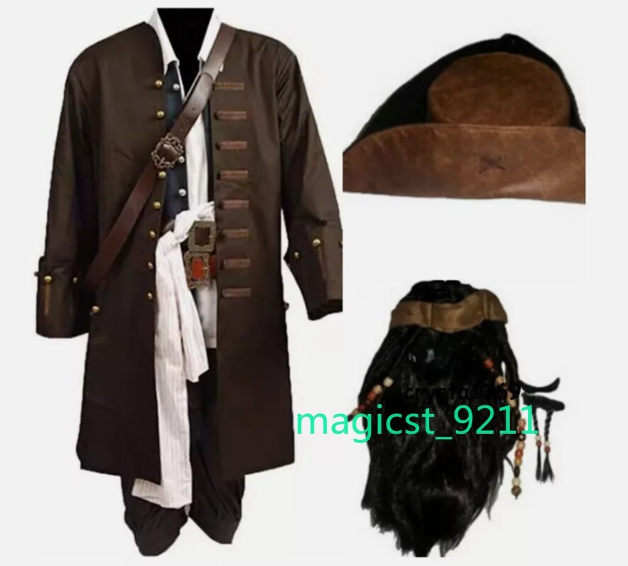 Pirates of the Caribbean Jack Sparrow Cosplay Full Suit Costume Wig Beard Hat