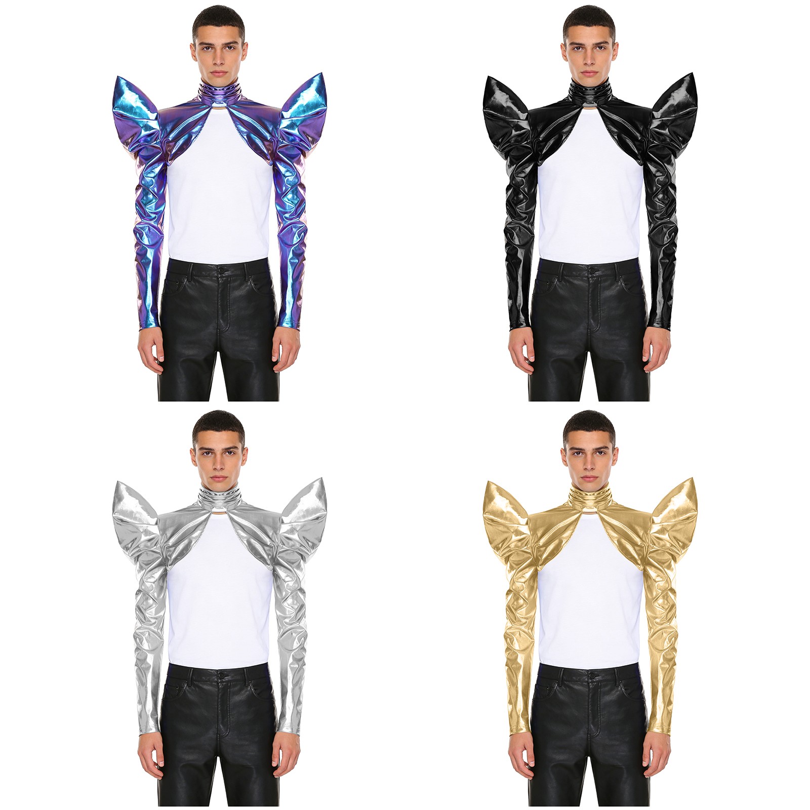 US Gothic Avant Garde Men Shrug Top High Collar Metallic Cropped Jacket Clubwear