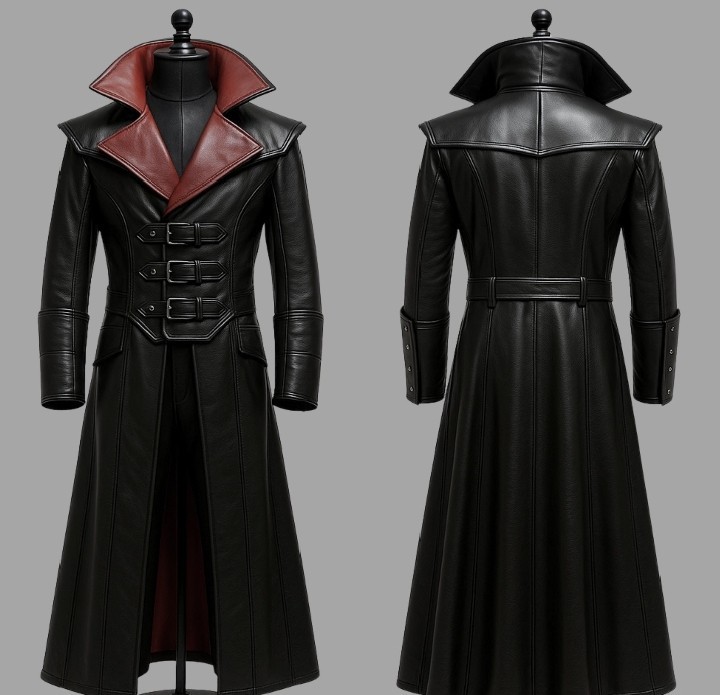 Gothic Vampire Leather Trench Coat, Red Collar Steampunk Costume