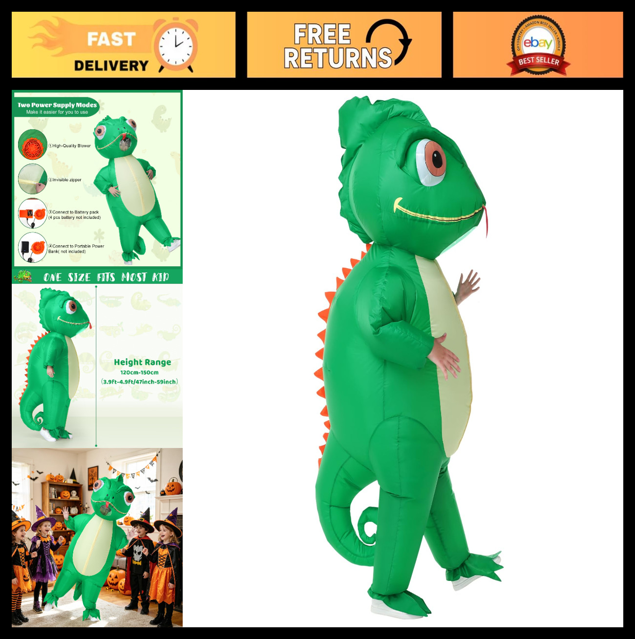 Inflatable Lizard Costume for Kids – Fun Halloween Blow Up Suit for Parties & Co
