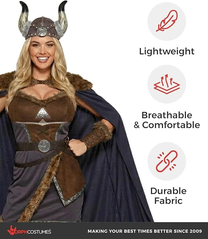 Morph Women`s Viking Costume Nordic Maiden Barbarian Warrior Dress + Helmet Cape