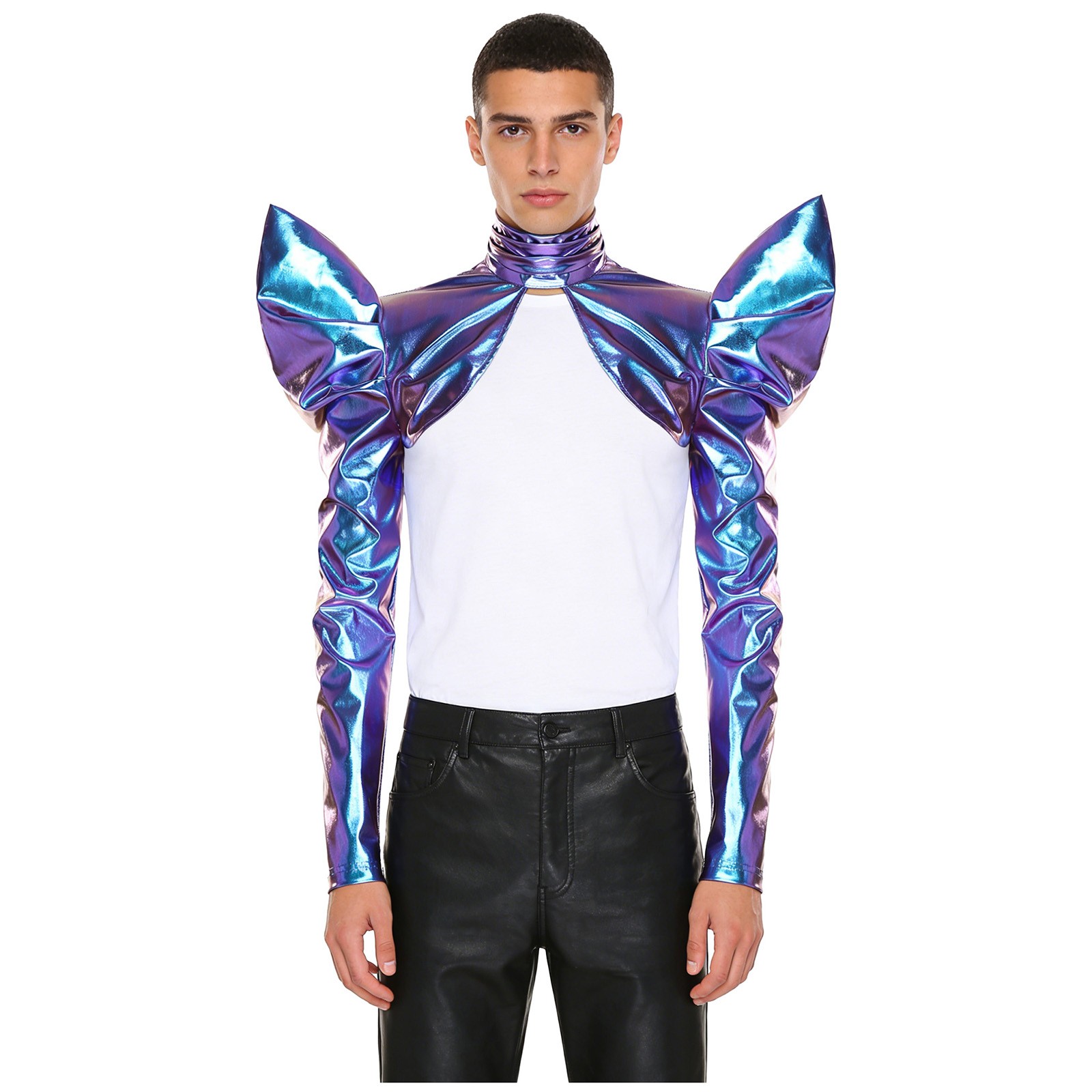 US Gothic Avant Garde Men Shrug Top High Collar Metallic Cropped Jacket Clubwear