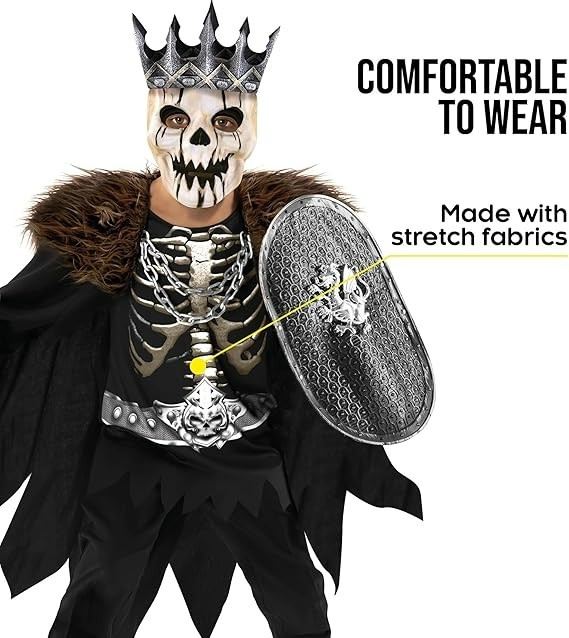 Kids Night King Costume & Mask Boys Scary Dark Skeleton Knight Halloween 7-14 yr