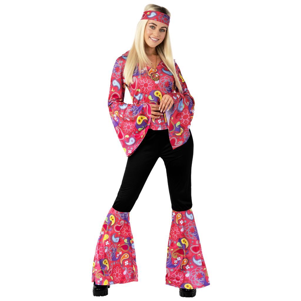 Women`s 1970s Pink Hippie Costume Ladies Disco Flares S – XXL Halloween