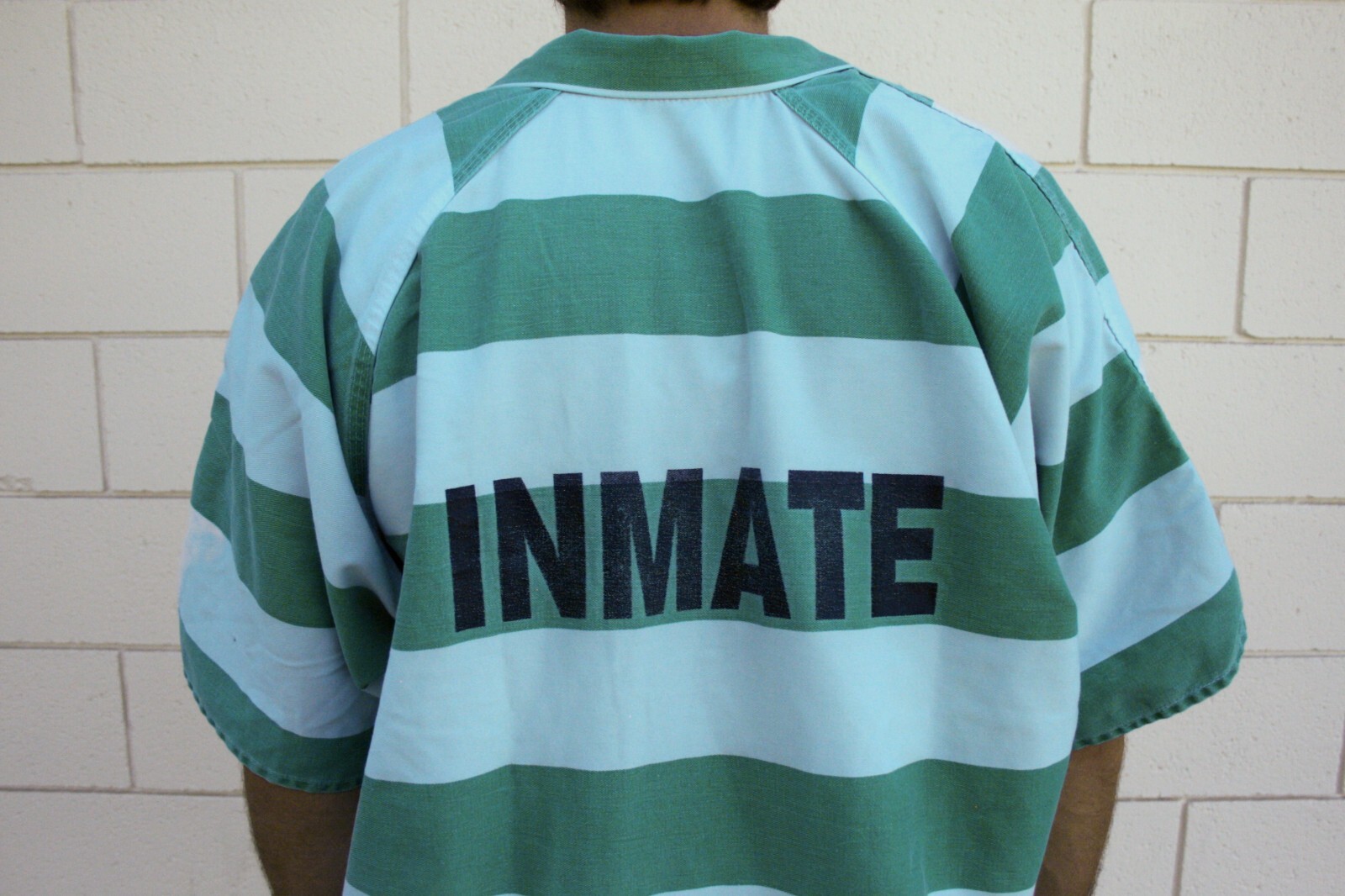 Jail Prison Inmate Jumpsuit Green & White Stripe Halloween Costume One-Piece