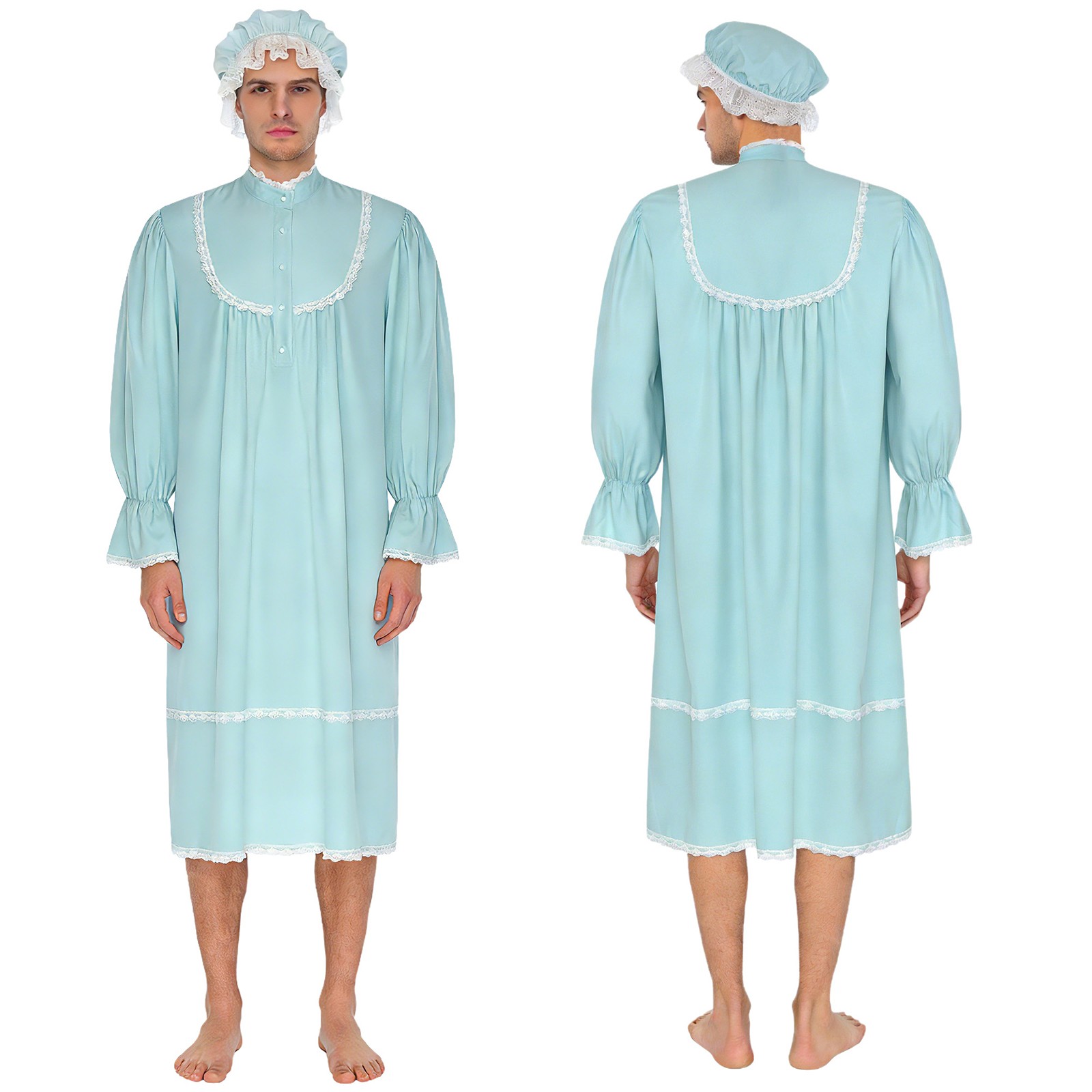 Men’s Loose Sleepwear Robe with Hat Long Sleeve Nightshirt Pajama Set Nightwear