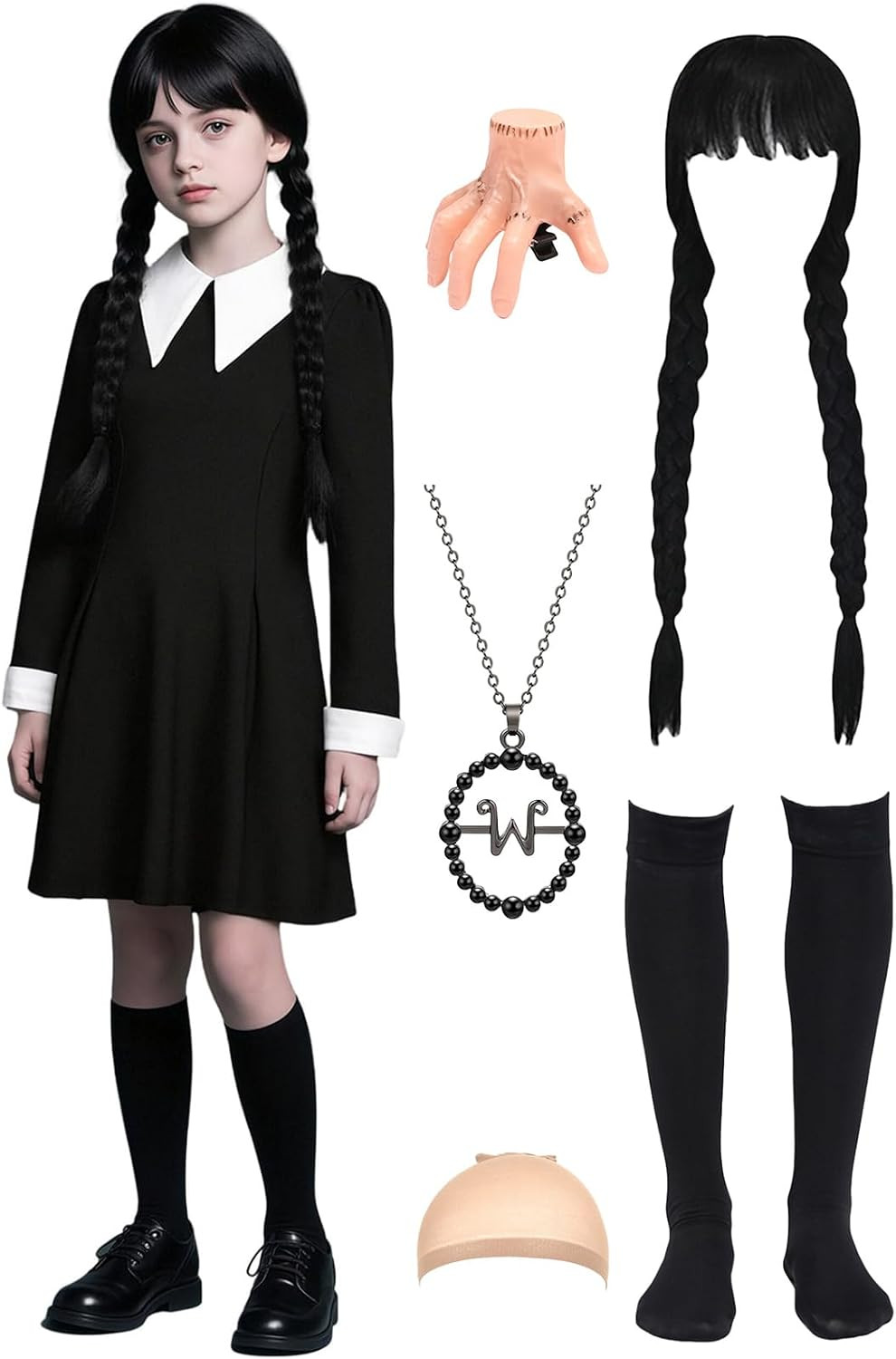 Girls Halloween Costumes Kids Black Dress with Wig Necklace for Family Party Cos