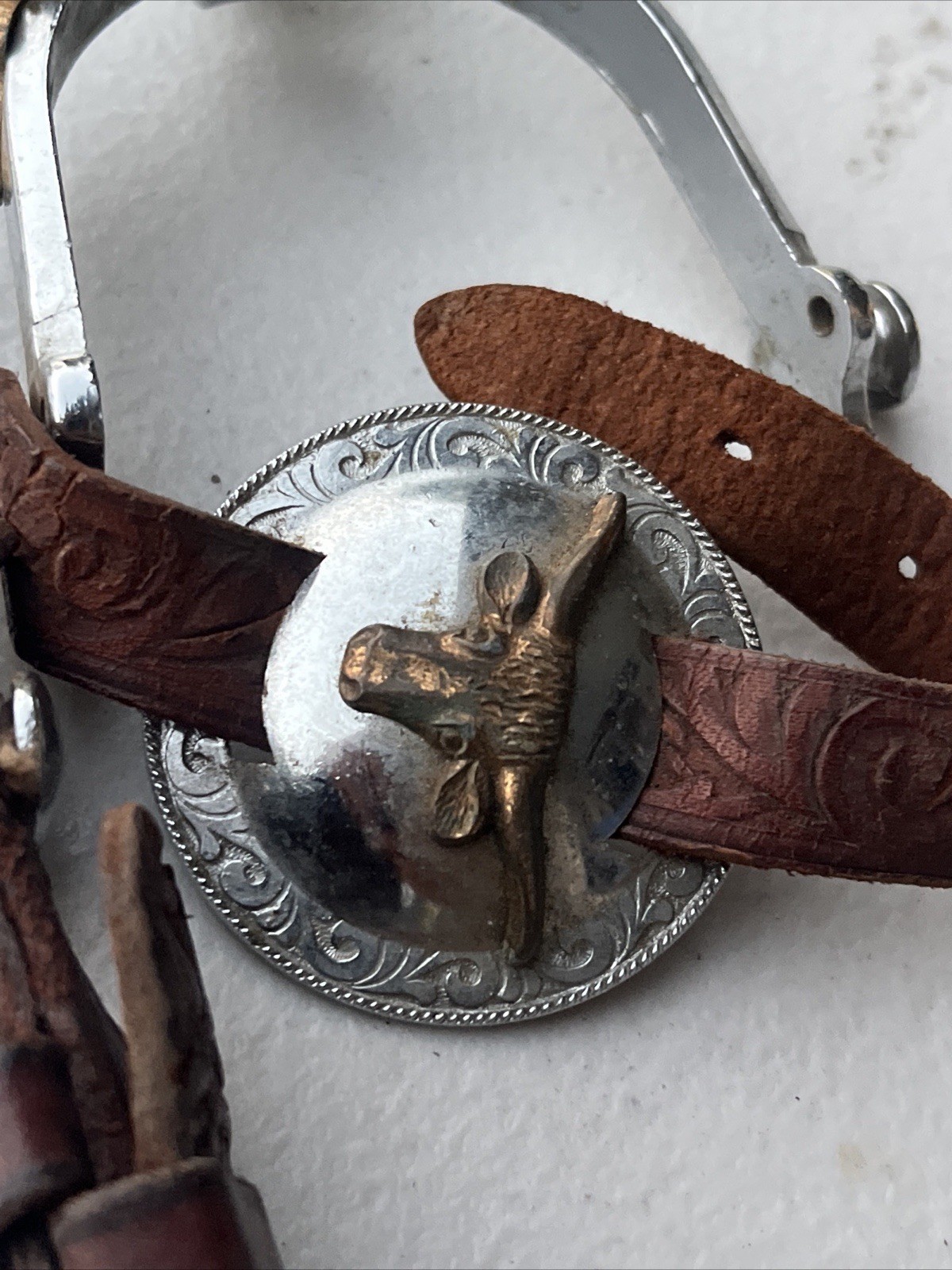 Western Cowboy Spurs Leather Straps Silver & Copper Horse Riding Equestrian