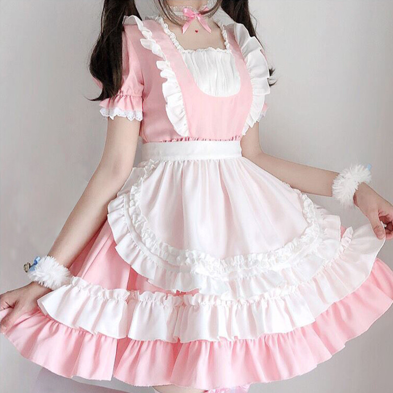 Kawaii Lolita Sweet Dress Maid Outfit Anime Cosplay Costume Role Play Pink Black