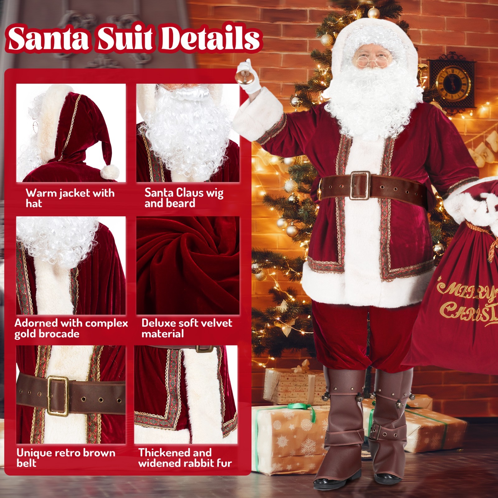 Santa Claus Costume for 10pcs Men Deluxe Professional Santa Suit Adults Set