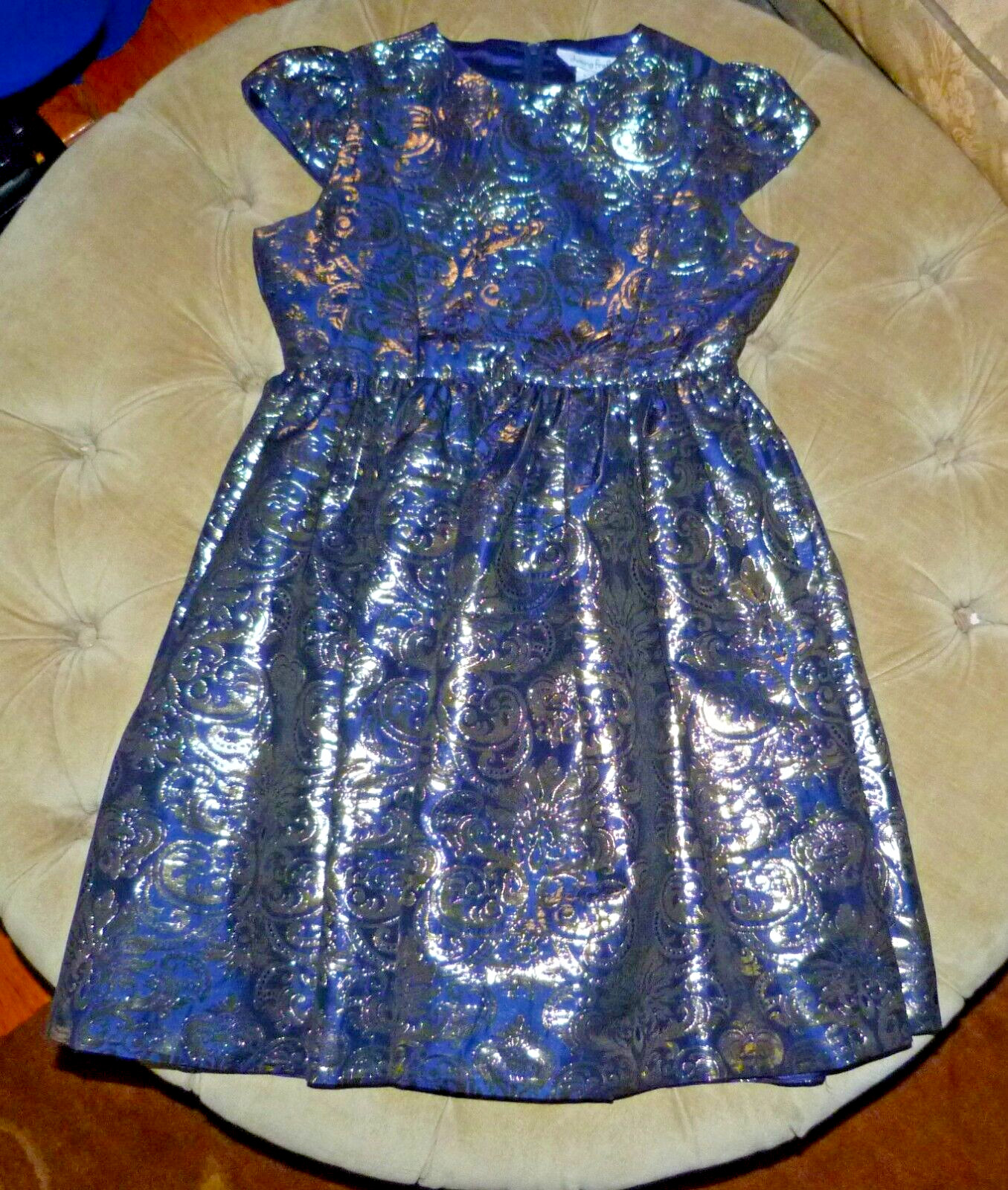 Chasing Fireflies Disney Couture Girl 14 Dress Costume Blu Gold Brocade Overlay