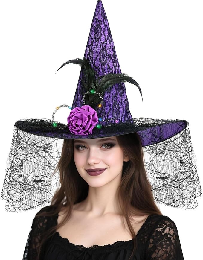 Halloween Witch Hat, Light Up Witch Hats for Women Costume Accessory Cosplay Par