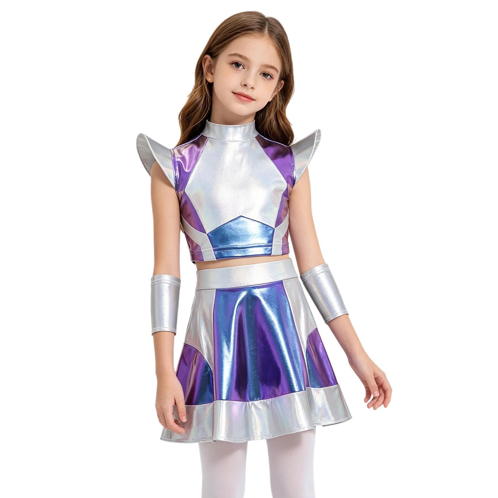Girls Outfit Halloween Set Alien Costume Cap Sleeve Dress Up Metallic Festival