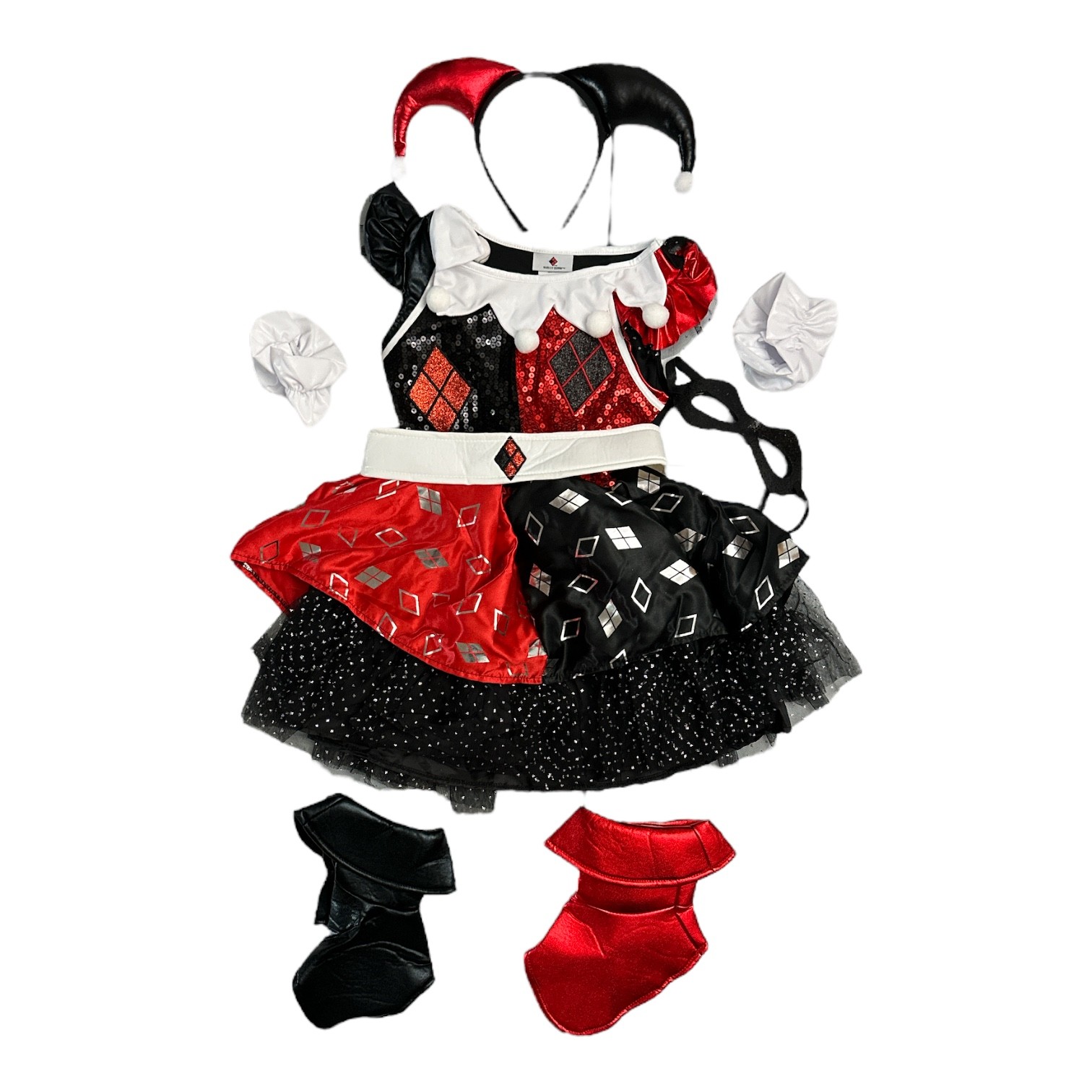 Harley Quinn Girls Dress, Mask, Headpiece, Shoe Covers, Wrist Covers Costume