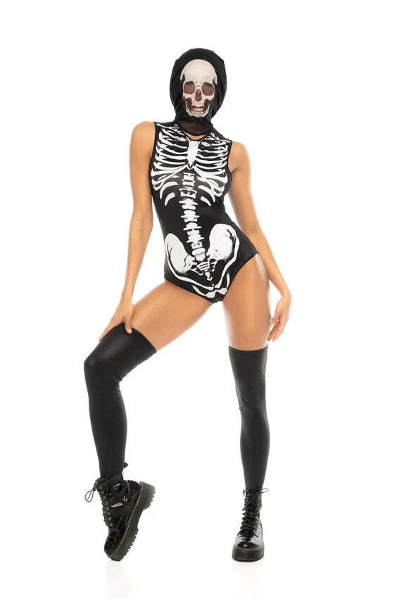 S/M Hooded Bodysuit Sensual Skull Skeleton Costume Halloween Costume