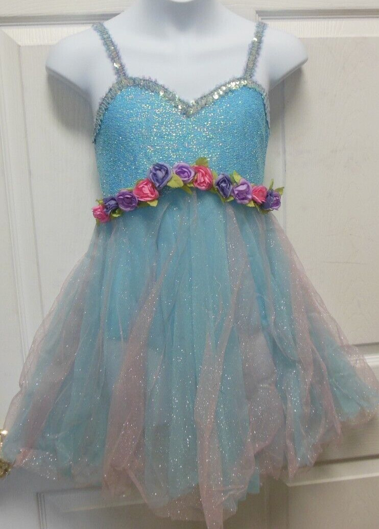 Lyrical Ballet costume 8C Flower trim empire waist blue rose tulle adj. straps