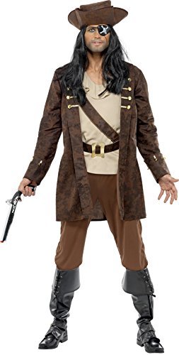 Pirate Costume Men’s 3 Pc Br /Tan Coat W/ Attch Shirt Belt Knickers & Hat XL
