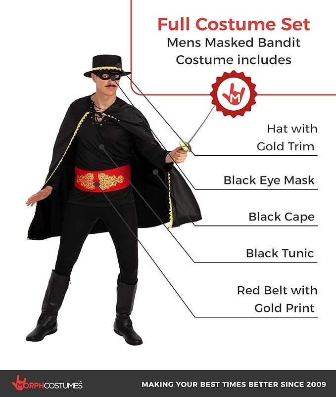 Mens Senor Zorro Costume + Hat M-XL Adult Mexican Masked Bandit Outlaw Halloween