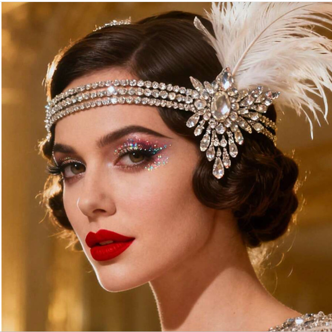 FLAPPER HEADBAND-1920s SILVER TONE with Faux Feathers & Rhinestones