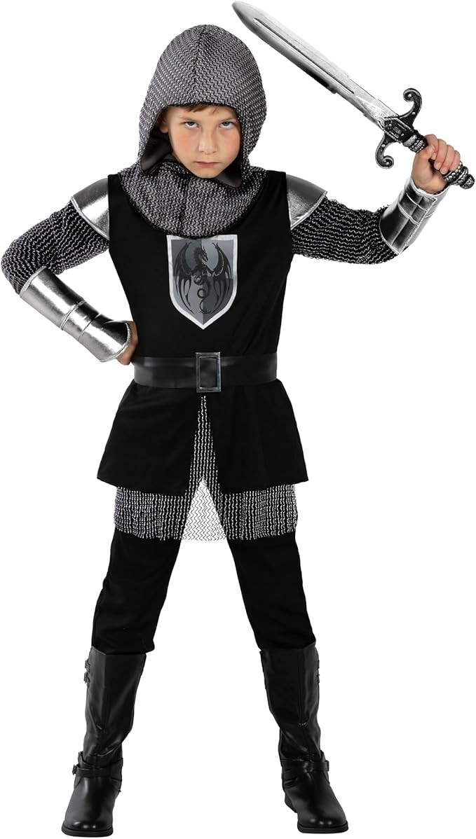 Kids Black Knight Costume Boys Medieval Warrior Lord Chainmail Suit 4 – 14 yrs