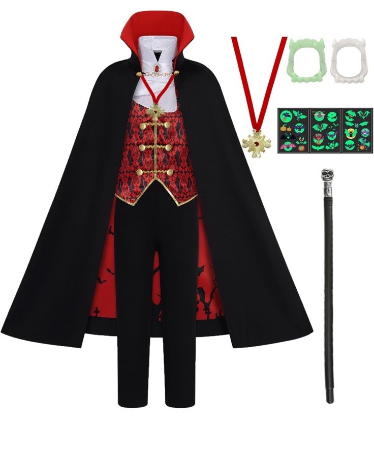 Halloween Costume Gothic Vampire Youth Boys Size 9-10 Cape Cane Teeth AM7