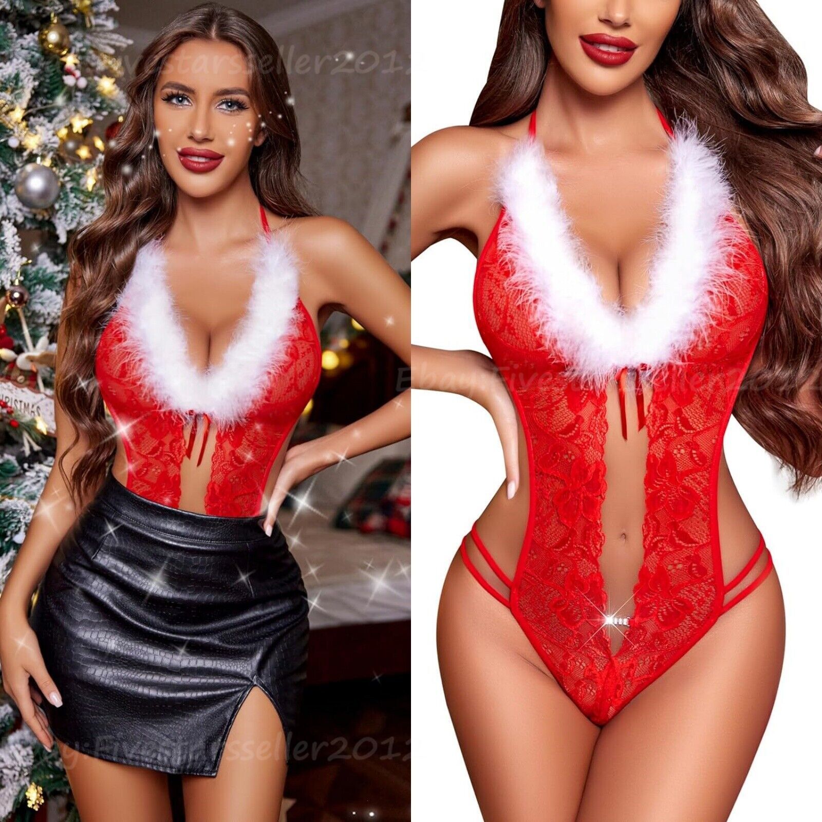 (Bodysuit,Hats)Christmas 2pcs Teddy Lingerie for Women Santa Babydoll Lingerie