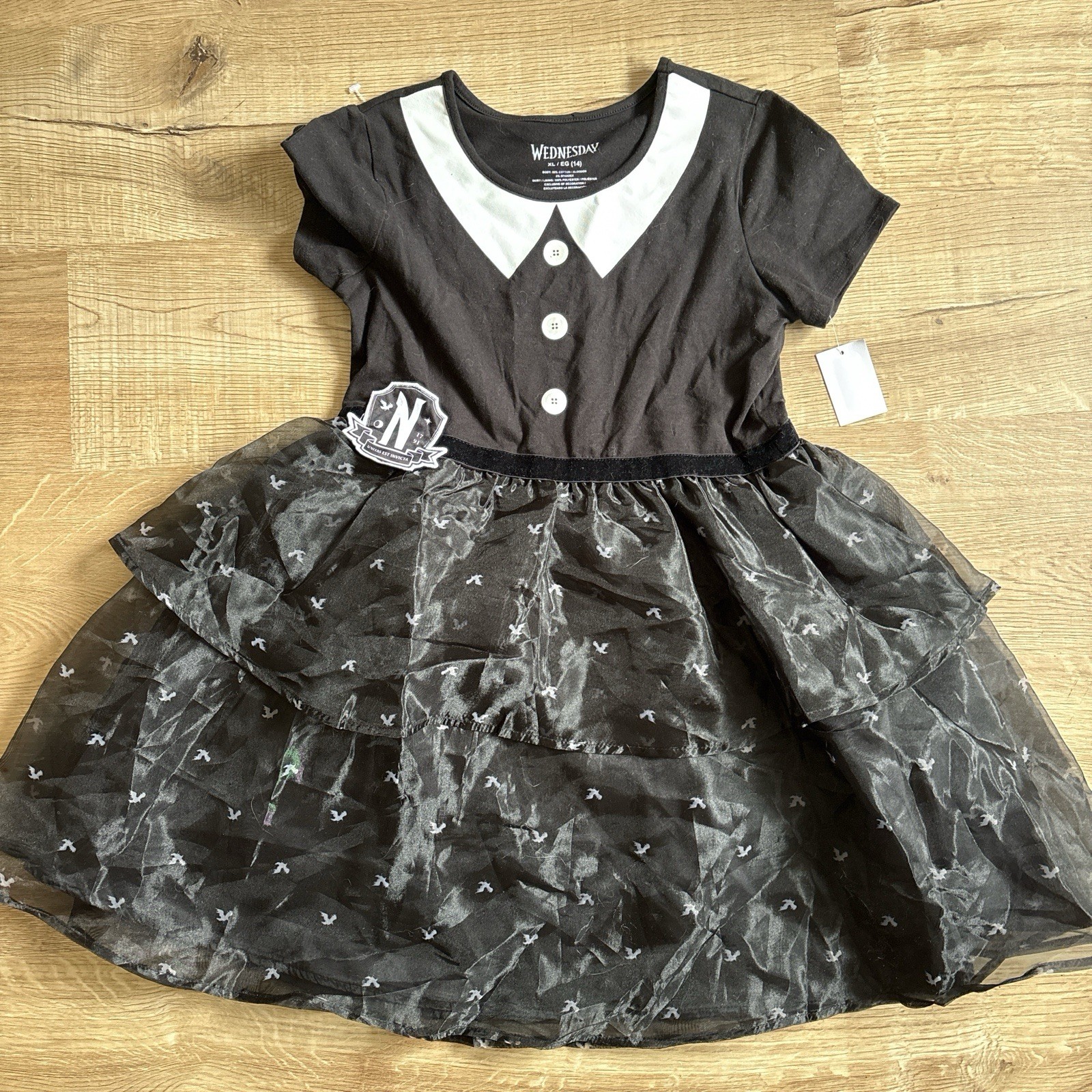Wednesday Girls XL (14) Short Sleeve Halloween Dress Black White Cotton Blend