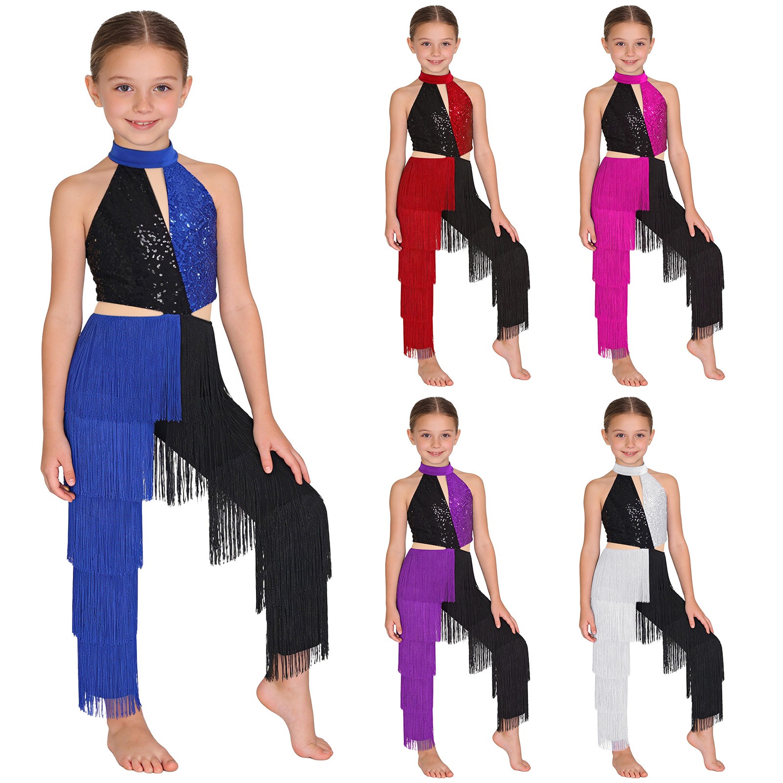 Kids Girls Sequins Fringe Tassel Jumpsuit Latin Jazz Dance Costume for Ballroom