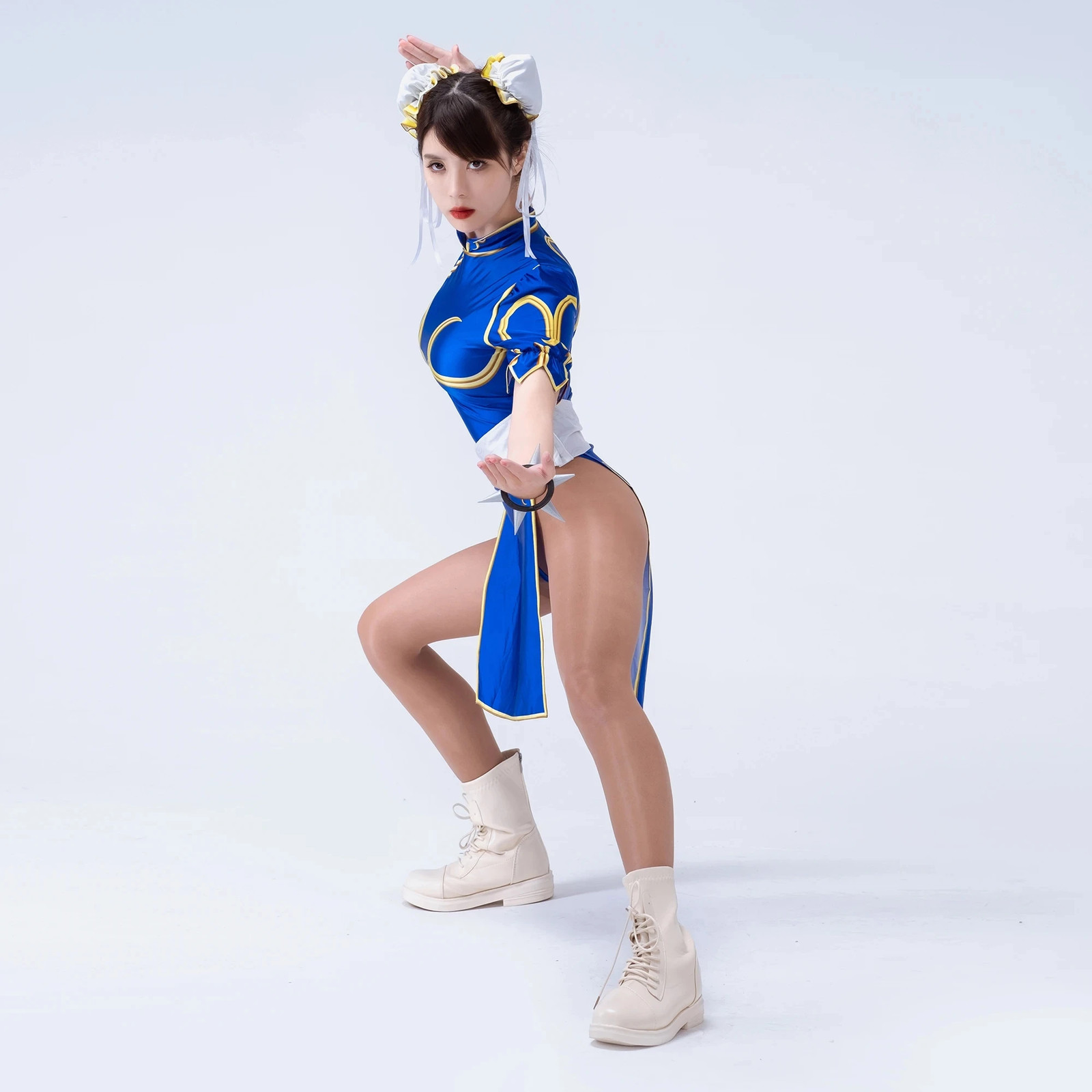 Chun-Li Cosplay Blue Cheongsam Bodysuit Headwear Halloween Costume