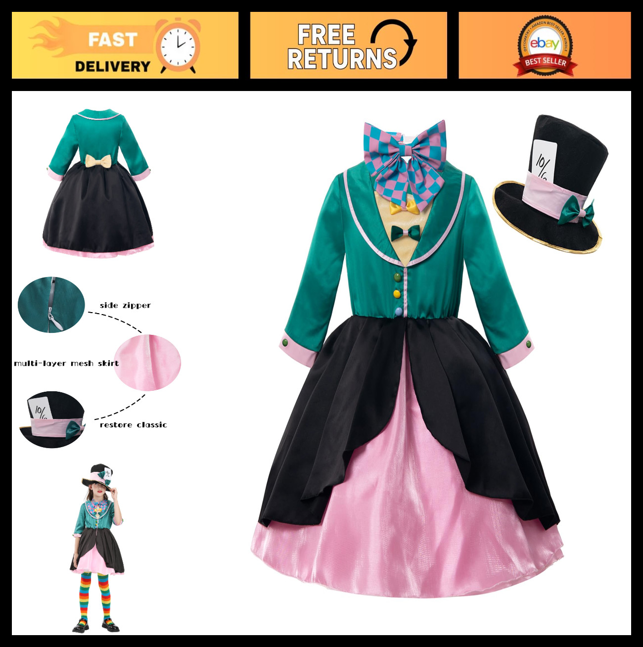 Girls Mad Hatter Costume – Halloween Cosplay Full Set for Kids, Fun Party Outfit