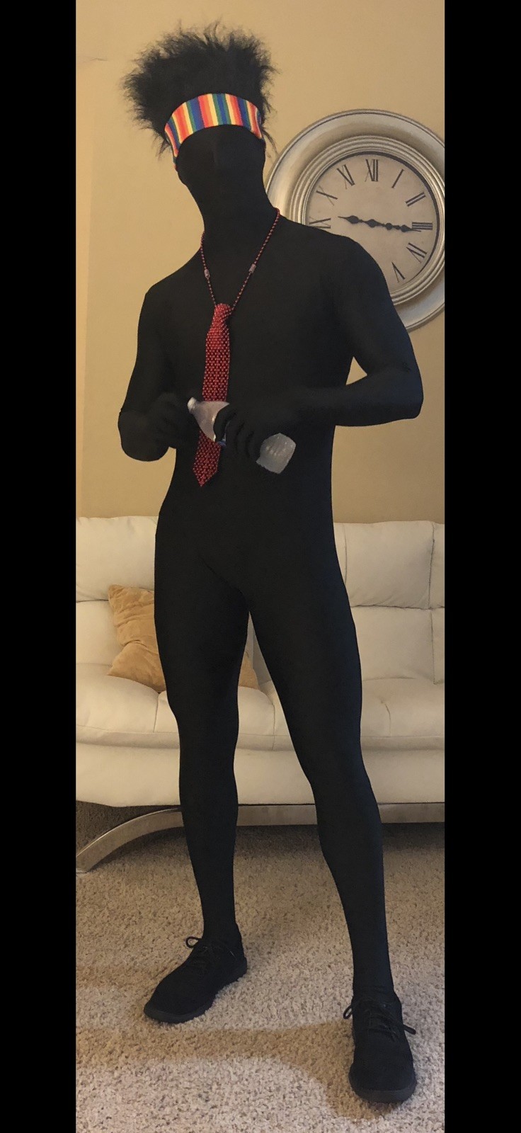 Adult Black Party-suit L Mens Skinsuit Costume Halloween with hair and red tie