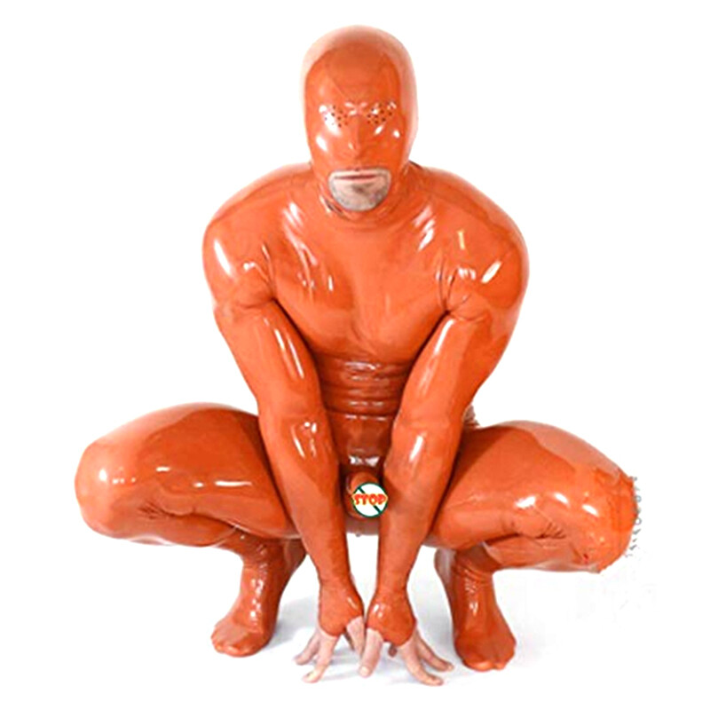 Male Latex Catsuit Bodysuit with Penis Condom Open Mesh Eyes Back Zipper