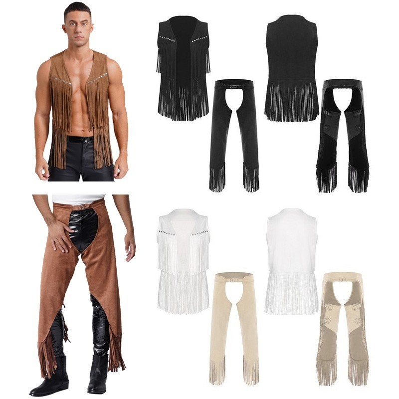 Mens Vest And Chaps Disco Cowboy Costume Dress Up Cosplay Fancy Outfit Fringed