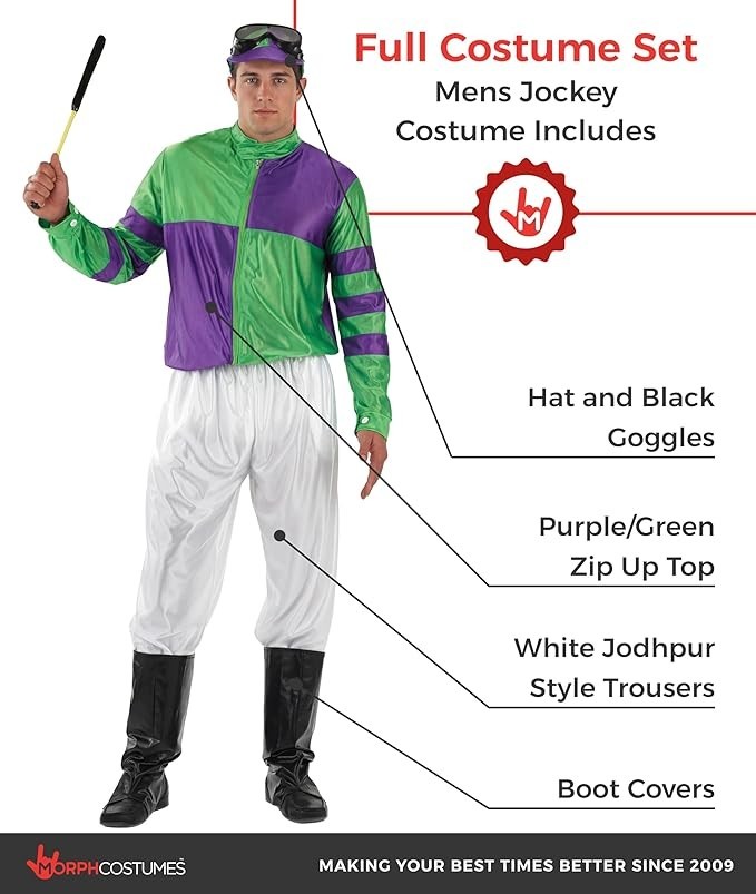 Men`s Green & Purple Jockey Costume Adult Horse Racing Rider Uniform S – XL