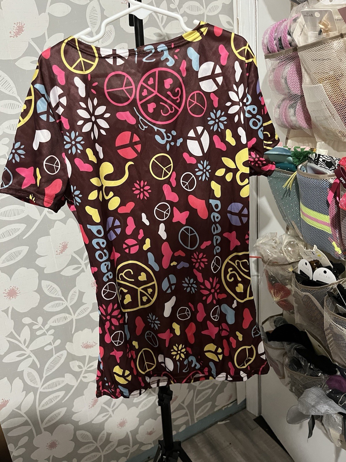 Instant Costumes 70s Hippie shirt Size S Brown/Multicolor Stretch