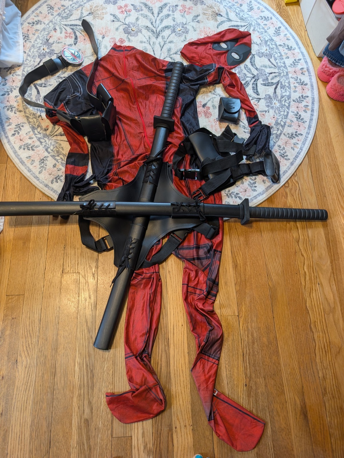 Deadpool Red/Black Jumpsuit Outfit w/ Mask, Belt, Harness, Swords
