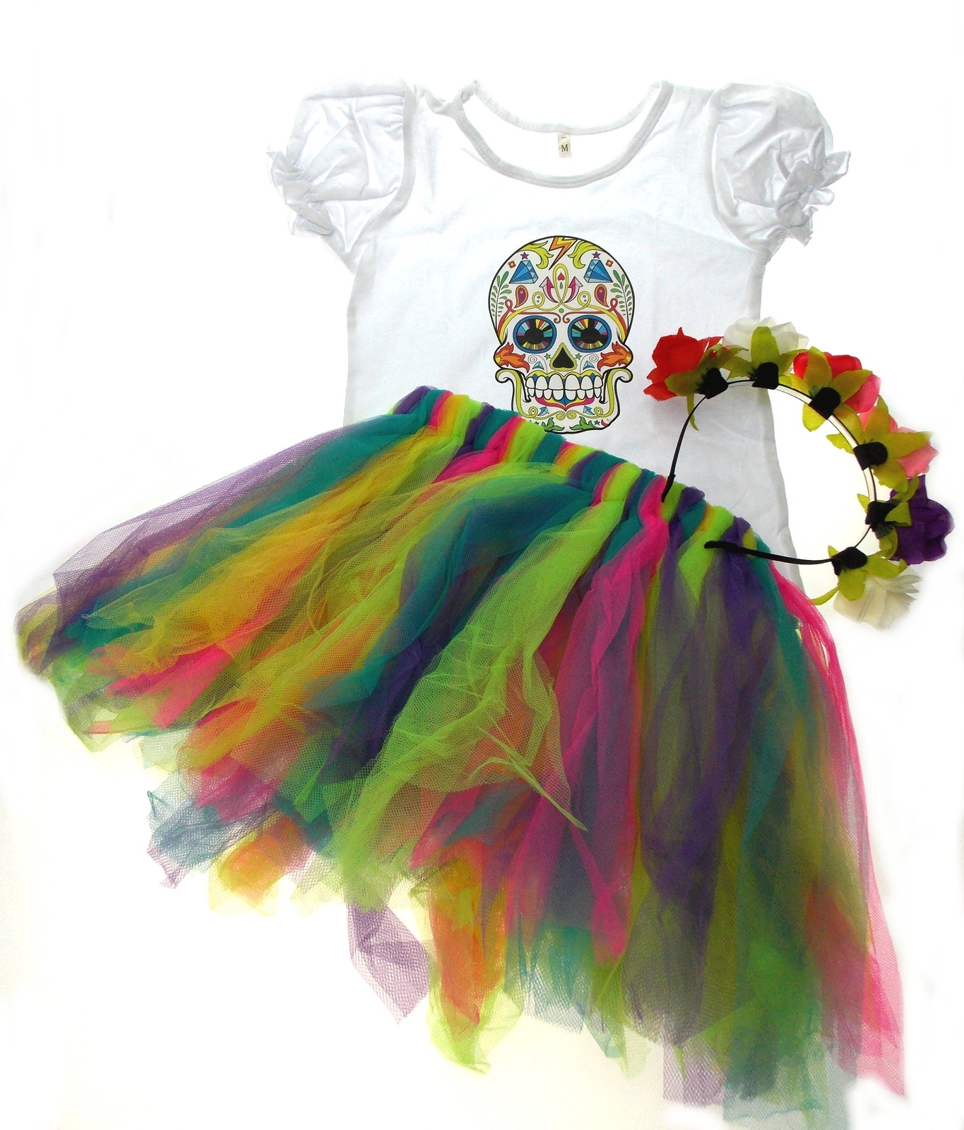 Sugar Skull T Shirt Tutu Skirt Flower Hair Piece XL Halloween Costume Day Dead