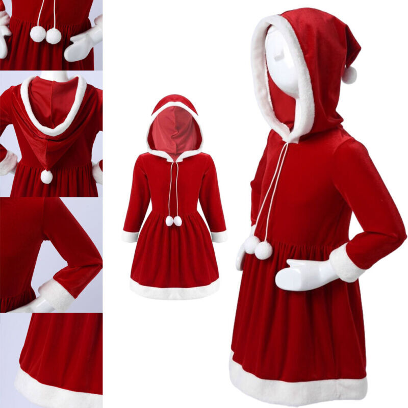 US Kids Girl’s Christmas Hoodie Dress Santa Claus Tutu Dress Velvet Hooded Dress
