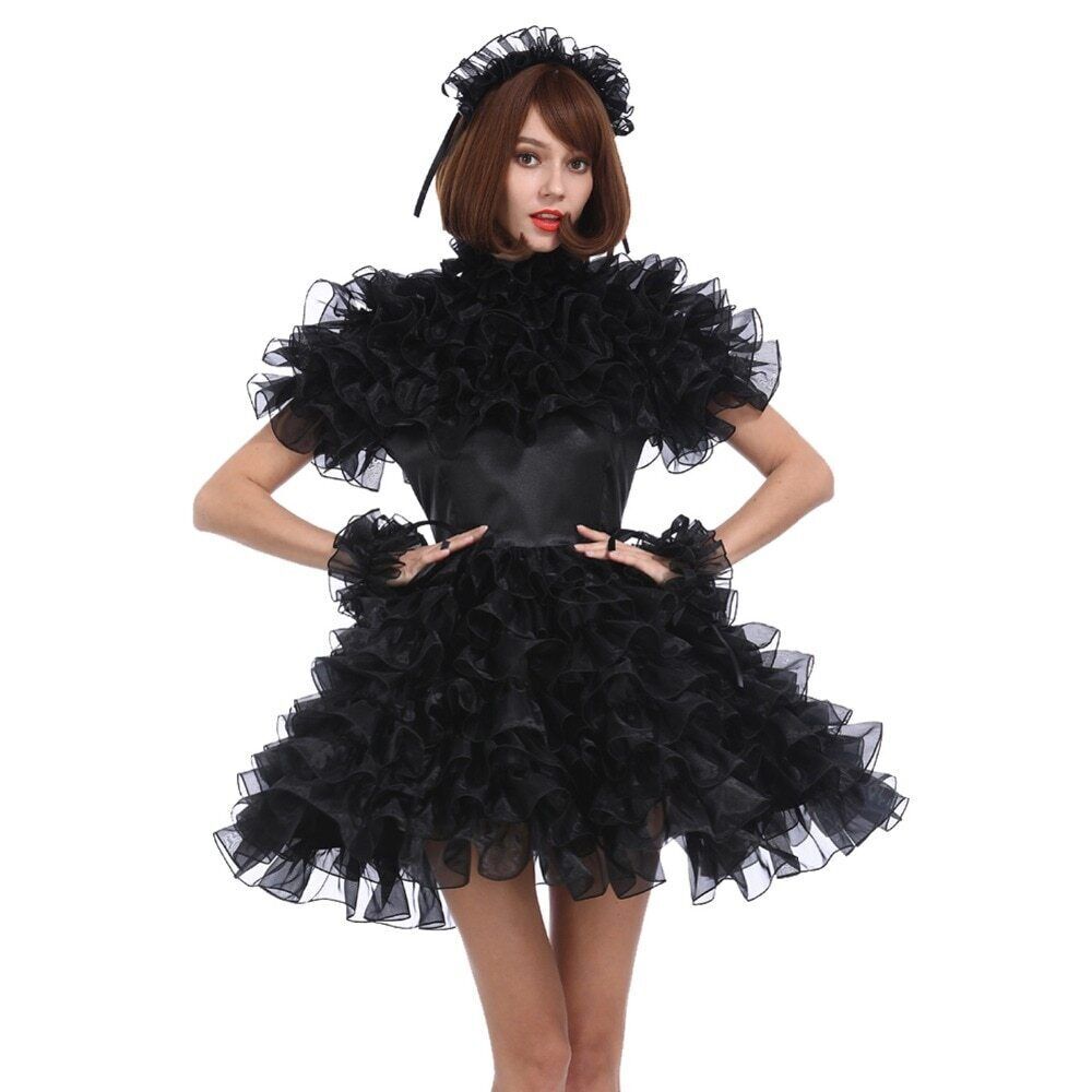 Girl Sissy maid Black satin organza lockable dress Cosplay Costume Tailor-made