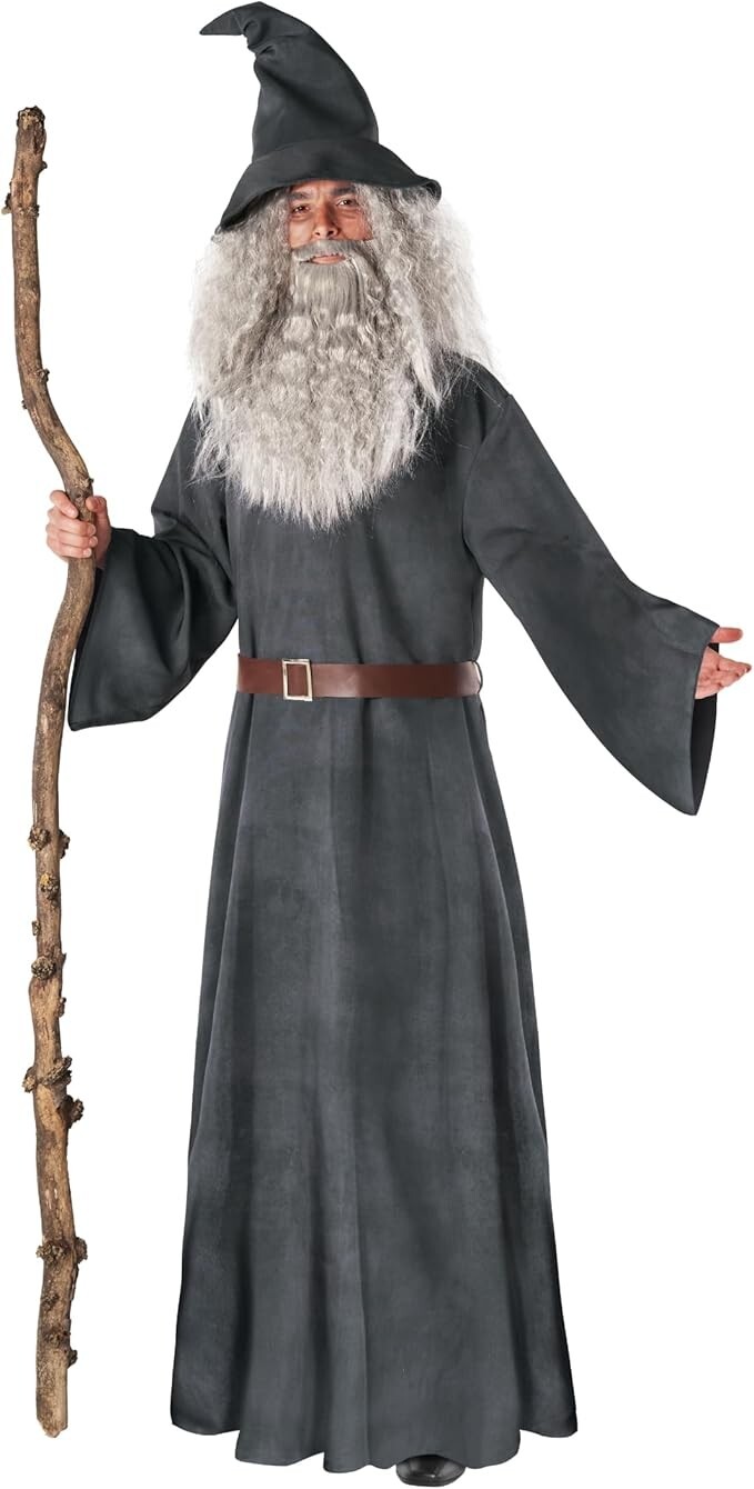 Men`s Gandalf Costume + Wig & Beard Adult Gray Wizard Sorcerer Robe Halloween