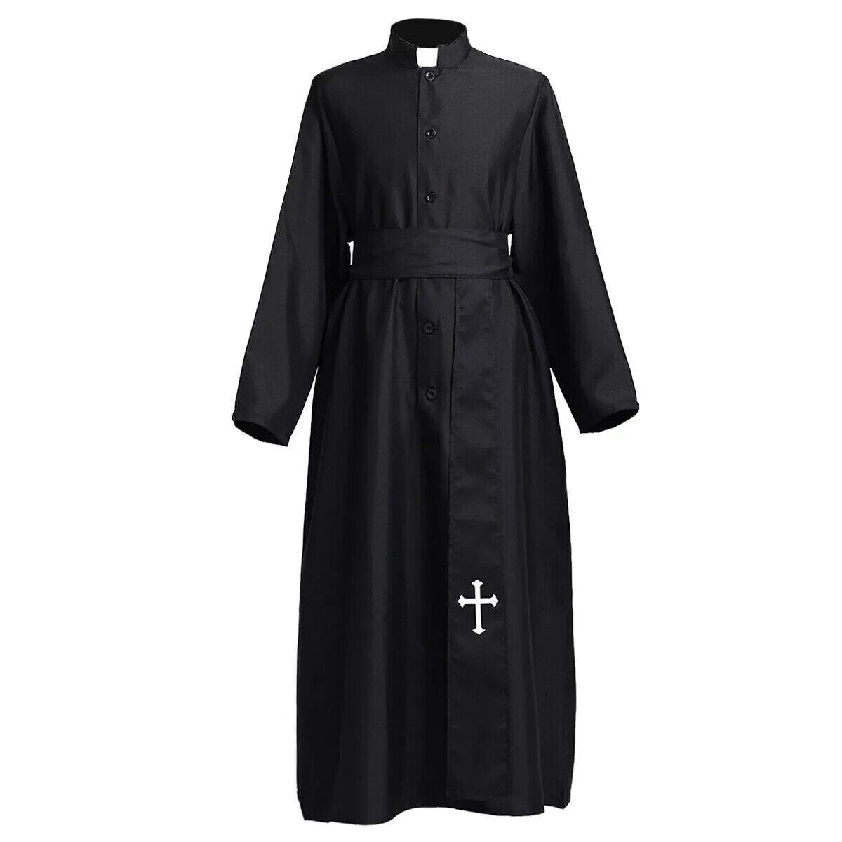 Mens Clergy Robe Priest Cassock Robe With Tab Collar Belt Minister Cassock Robe