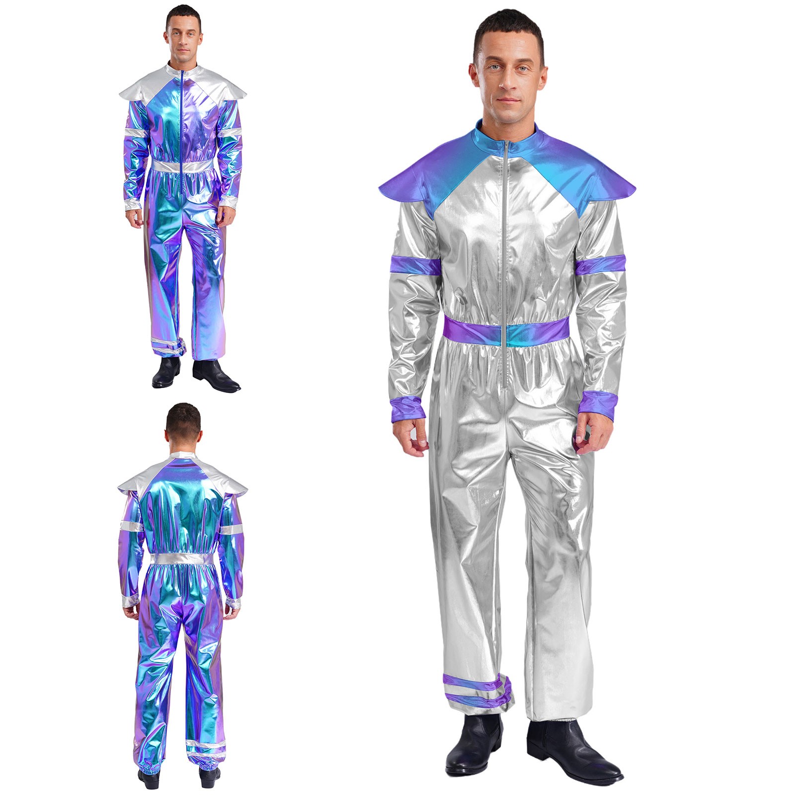 US Men Astronaut Costume Space Robot Metallic Bodysuit Halloween Alien Cosplay
