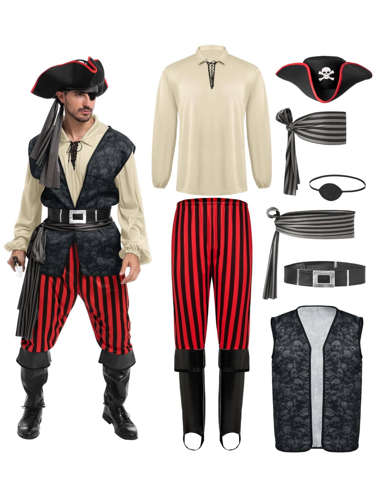 Men Pirate Costume Adult Beige Pirate Shirt Vest Viking Pants Hat Accessories…