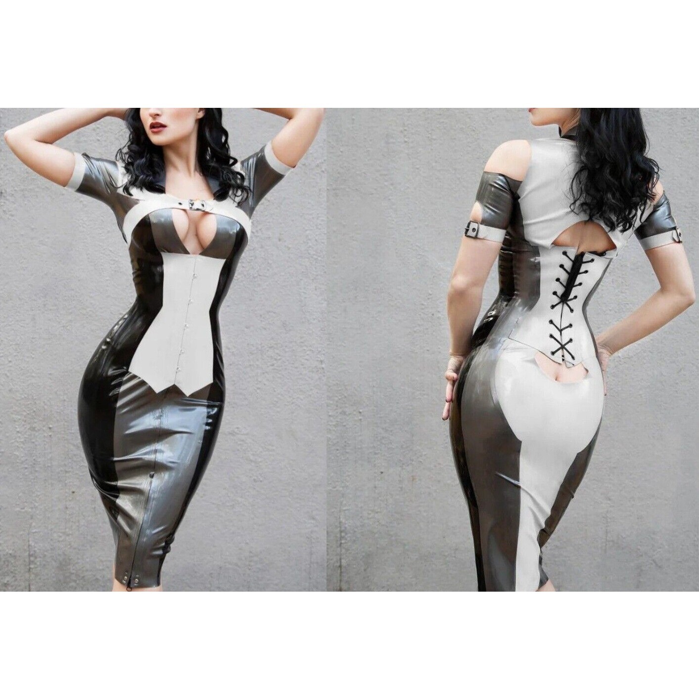 100% Pure Latex Rubber Cosplay Dress Long Skirt with Belts Front Zip 0.4MM S-XXL