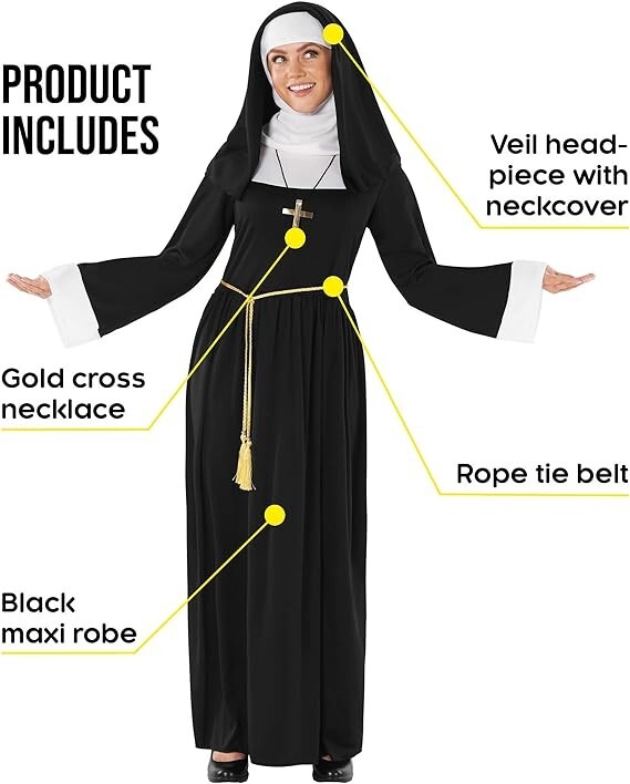 Women`s Black Nun Costume + Cross S – 3XL Ladies Sister Mother Halloween Robe
